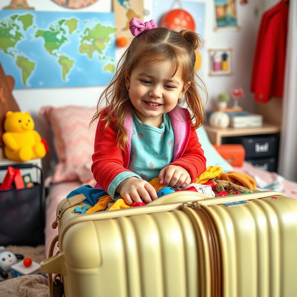 Uma criança arrumando a mala para ir viajar, com roupas coloridas e brinquedos espalhados ao redor