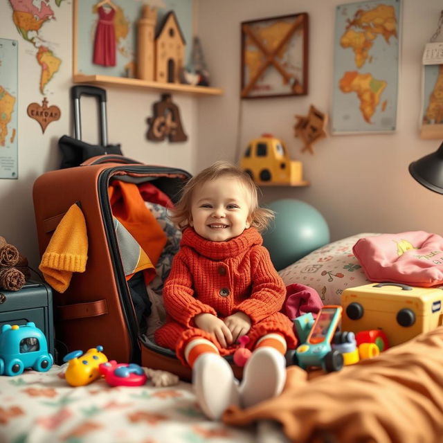 Uma criança arrumando a mala para ir viajar, com roupas coloridas e brinquedos espalhados ao redor