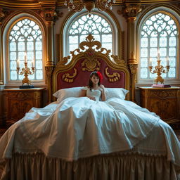 A beautiful princess lying on a luxurious bed in a grand castle bedroom, looking elegant and serene