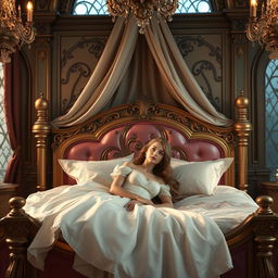 A beautiful princess lying on a luxurious bed in a grand castle bedroom, looking elegant and serene