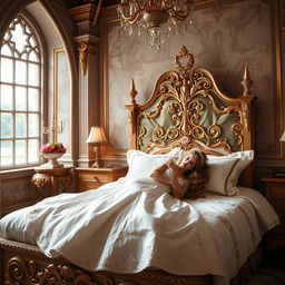 A beautiful princess lying on a luxurious bed in a grand castle bedroom, looking elegant and serene