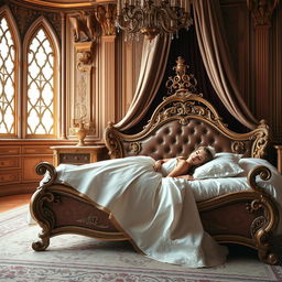 A beautiful princess lying on a luxurious bed in a grand castle bedroom, looking elegant and serene