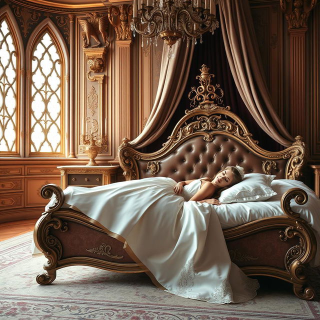 A beautiful princess lying on a luxurious bed in a grand castle bedroom, looking elegant and serene