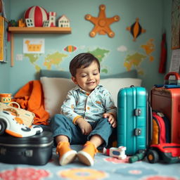 Um menino arrumando a mala para ir viajar, com roupas coloridas e brinquedos espalhados ao redor