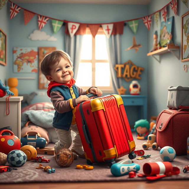 Um menino arrumando a mala para ir viajar, com roupas coloridas e brinquedos espalhados ao redor