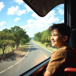 Um menino indo viajar de ônibus, olhando pela janela com um sorriso no rosto