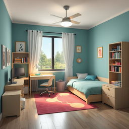 Diseña un dormitorio amplio con una cama, un escritorio junto a la ventana, una silla, cuadros coloridos, una computadora organizada, un armario elegante y una estantería con libros