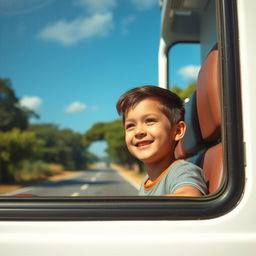 Um menino indo viajar de ônibus, olhando pela janela com um sorriso no rosto