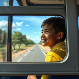 Um menino indo viajar de ônibus, olhando pela janela com um sorriso no rosto