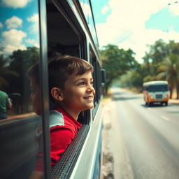 Um menino indo viajar de ônibus, olhando pela janela com um sorriso no rosto