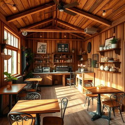 Design a cozy and attractive interior for a space with wooden walls and ceiling