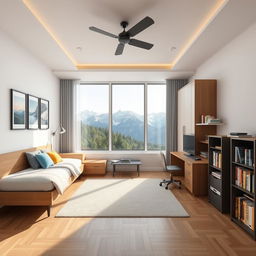 Diseña un dormitorio moderno y amplio con una cama, un escritorio junto a la ventana, una silla, cuadros coloridos, una computadora organizada, un armario elegante y una estantería con libros