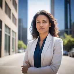 Portrait of an empowered woman with determination in her eyes, standing confidently in an urban landscape, wearing professional attire.