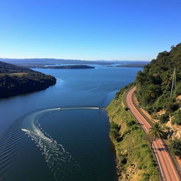 Um rio correndo, indo desaguar em um grande lago, com pássaros voando ao longo da estrada que acompanha o curso do rio