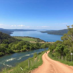 Um rio correndo, indo desaguar em um grande lago, com pássaros voando ao longo da estrada que acompanha o curso do rio