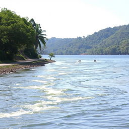 Um rio correndo, indo desaguar em um grande lago, com pássaros voando ao longo da estrada que acompanha o curso do rio