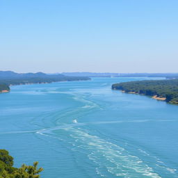 Um rio correndo, indo desaguar em um grande lago, com pássaros voando ao longo da estrada que acompanha o curso do rio