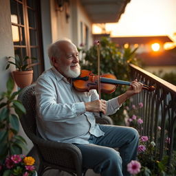 Um homem velho tocando viola na varanda de sua casa, cercado por plantas e flores