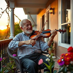 Um homem velho tocando viola na varanda de sua casa, cercado por plantas e flores