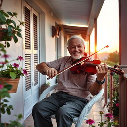 Um homem velho tocando viola na varanda de sua casa, cercado por plantas e flores