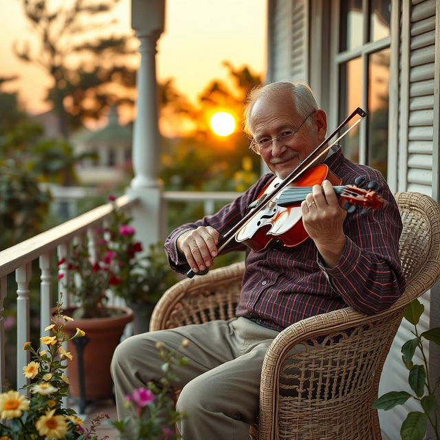 Um homem velho tocando viola na varanda de sua casa, cercado por plantas e flores