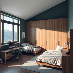 Diseña un dormitorio moderno y amplio para hombre con colores como verde, marrón, negro o azul