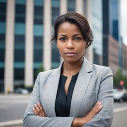 Portrait of an empowered woman with determination in her eyes, standing confidently in an urban landscape, wearing professional attire.