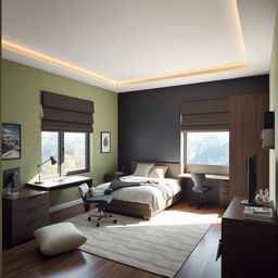 Diseña un dormitorio moderno y amplio para hombre con colores como verde, marrón, negro o azul