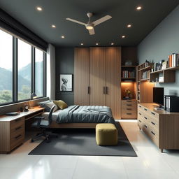 Diseña un dormitorio moderno y amplio para hombre con colores como verde, marrón, negro o azul