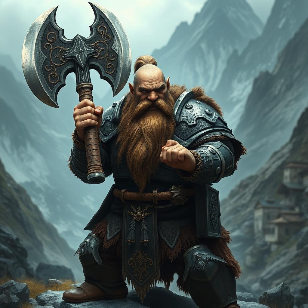 A fierce dwarf warrior wielding a massive two-handed axe