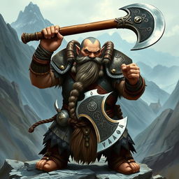 A fierce dwarf warrior wielding a massive two-handed axe