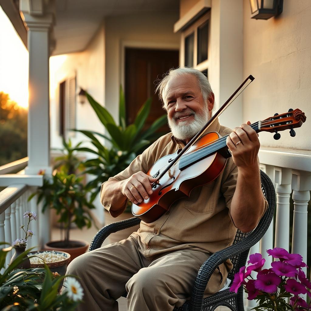 Um homem velho tocando viola caipira na varanda de sua casa, cercado por plantas e flores