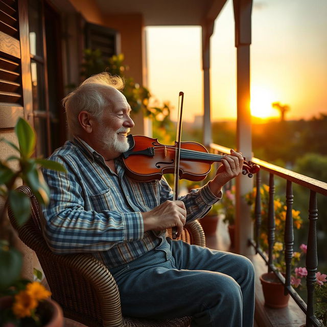 Um homem velho tocando viola caipira na varanda de sua casa, cercado por plantas e flores