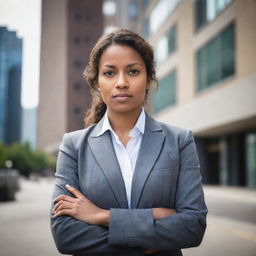 Portrait of an empowered woman with determination in her eyes, standing confidently in an urban landscape, wearing professional attire.