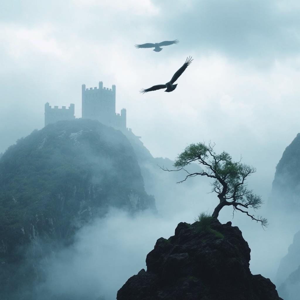 Ashes flying over a mountain with a tree and a dark, destroyed castle in the background