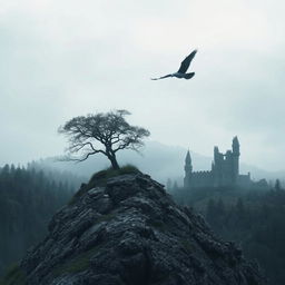 Ashes flying over a mountain with a tree and a dark, destroyed castle in the background