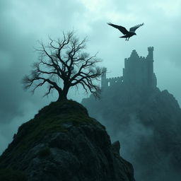 Ashes flying over a mountain with a tree and a dark, destroyed castle in the background