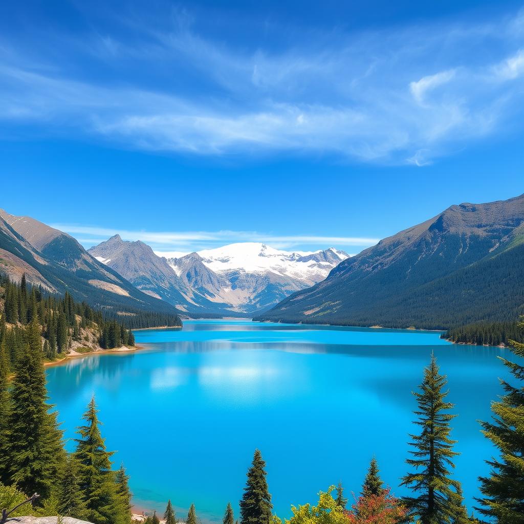 A beautiful landscape featuring a serene lake surrounded by mountains with a clear blue sky