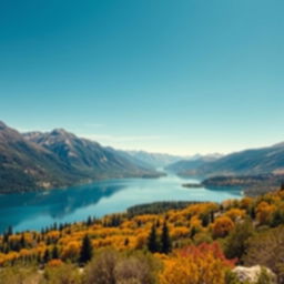 A beautiful landscape featuring a serene lake surrounded by mountains with a clear blue sky