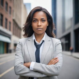 Portrait of an empowered woman with determination in her eyes, standing confidently in an urban landscape, wearing professional attire.