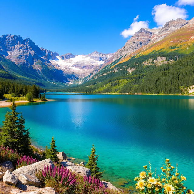 A beautiful landscape featuring a serene lake surrounded by mountains with a clear blue sky