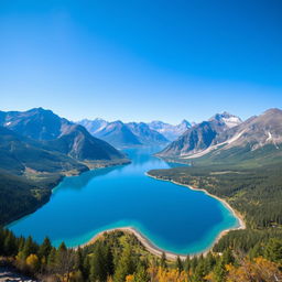 A beautiful landscape featuring a serene lake surrounded by mountains with a clear blue sky