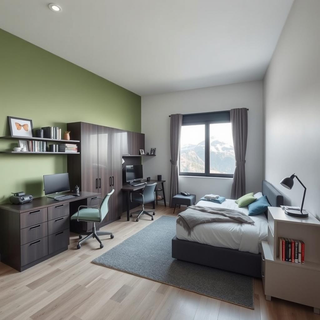 Diseña un dormitorio para hombre moderno y amplio con colores como verde, marrón, negro o azul