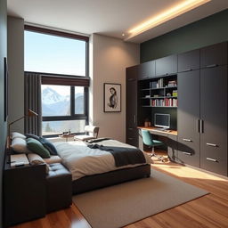 Diseña un dormitorio para hombre moderno y amplio con colores como verde, marrón, negro o azul