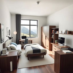 Diseña un dormitorio para hombre moderno y amplio con colores como verde, marrón, negro o azul