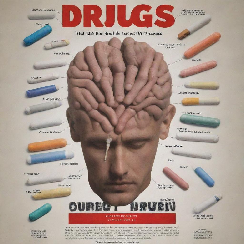 Create a powerful and evocative poster that portrays drugs as a burden to health, causing social, psychological, legal, and economic issues. Include a strong slogan that emphasizes the negative impacts of substance abuse.