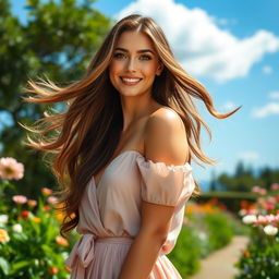 A beautiful woman with flowing hair, radiant smile, and elegant attire, standing in a picturesque garden with flowers in full bloom and a clear blue sky