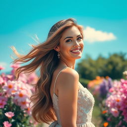 A beautiful woman with flowing hair, radiant smile, and elegant attire, standing in a picturesque garden with flowers in full bloom and a clear blue sky