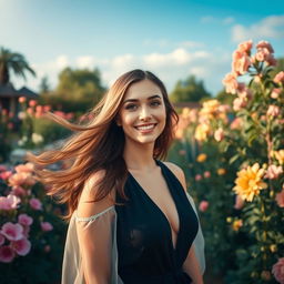 A beautiful woman with flowing hair, radiant smile, and elegant attire, standing in a picturesque garden with flowers in full bloom and a clear blue sky