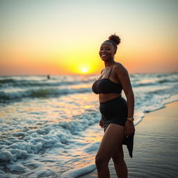 A 25-year-old Black woman with medium-sized breasts and a curvy figure, wearing a short skirt, enjoying her time at the beach